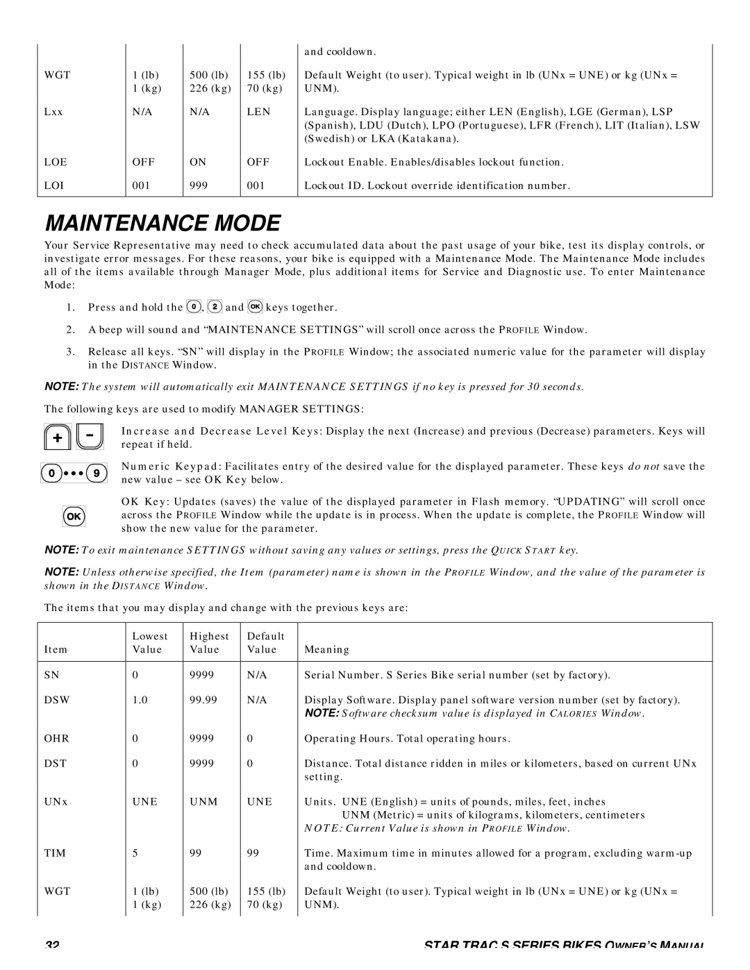 Star Trac S-UBX UPRIGHT BIKE, S-RB RECUMBENT BIKE, S-RBX RECUMBENT BIKE, S-UB UPRIGHT BIKE manual Maintenance Mode 