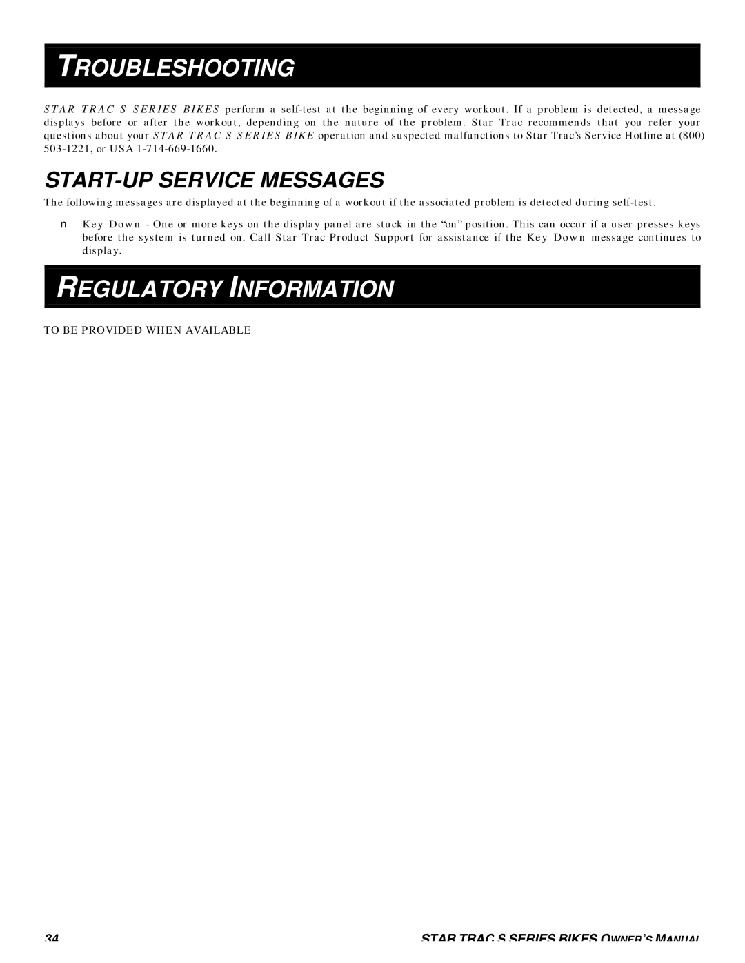 Star Trac S-RBX RECUMBENT BIKE, S-UBX UPRIGHT BIKE manual Troubleshooting, Regulatory Information, START-UP Service Messages 