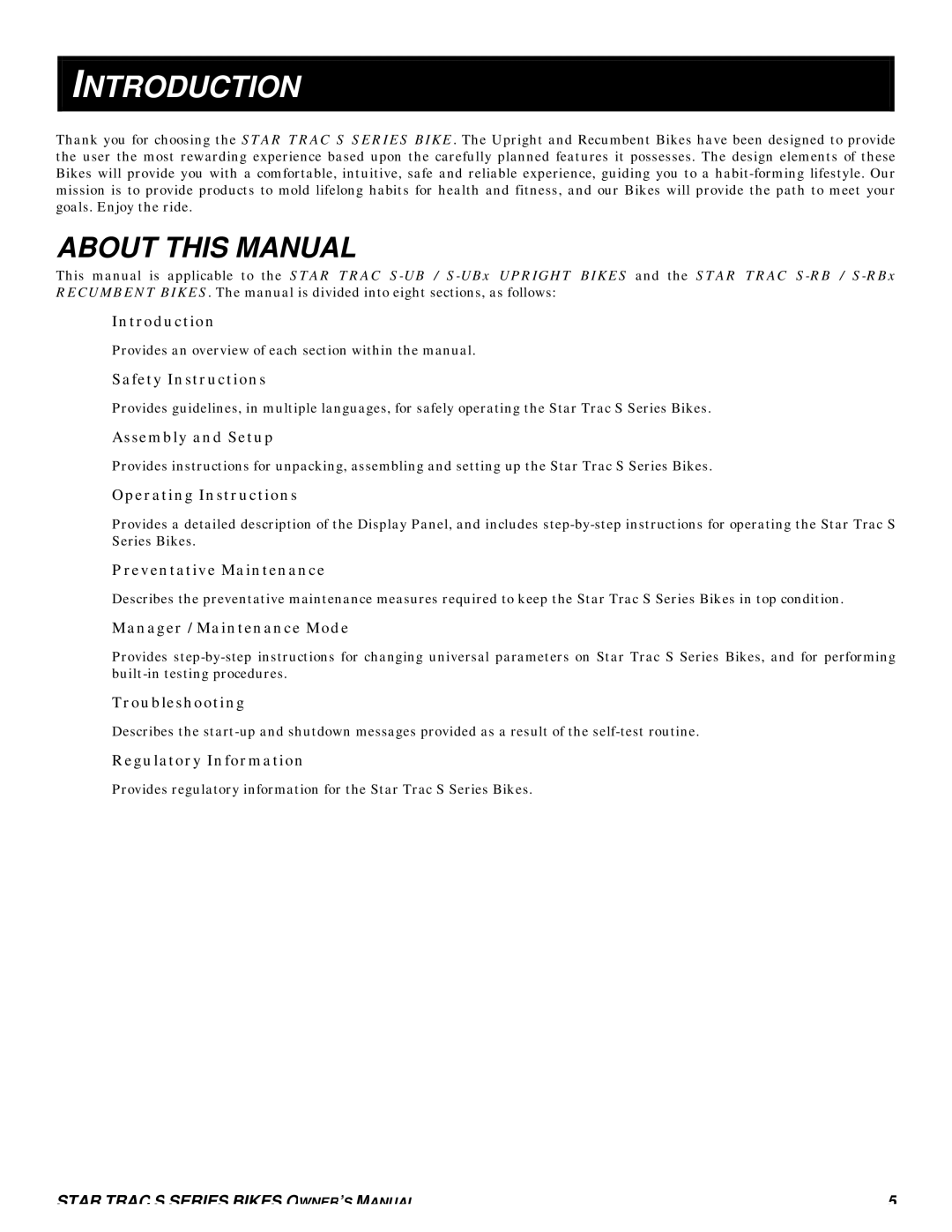 Star Trac S-RB RECUMBENT BIKE, S-UBX UPRIGHT BIKE, S-RBX RECUMBENT BIKE, S-UB UPRIGHT BIKE Introduction, About this Manual 