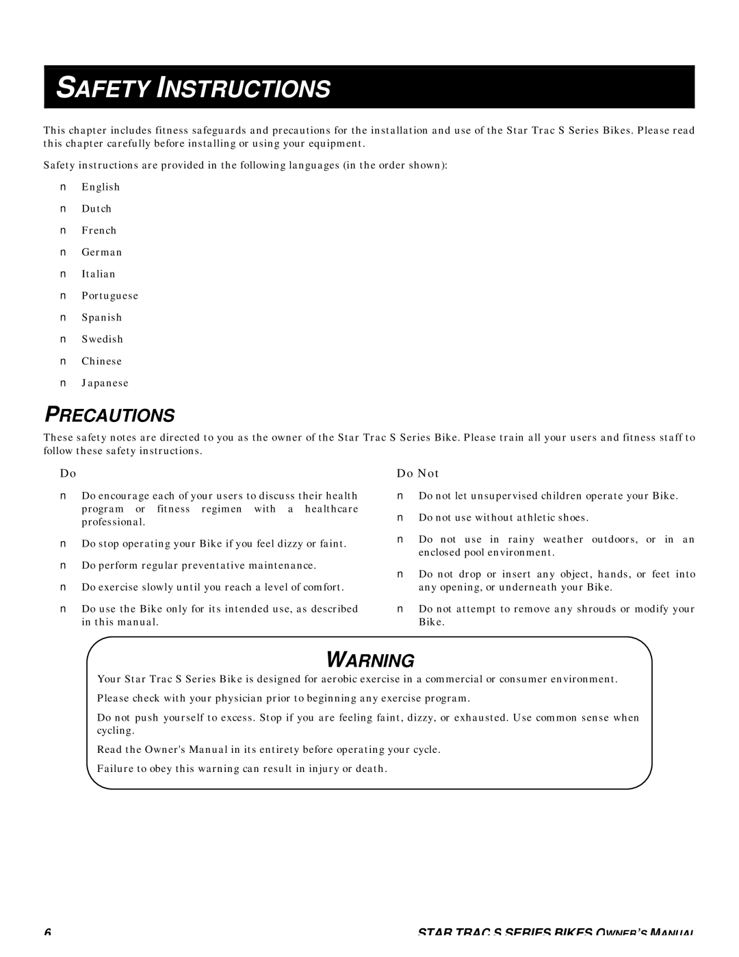 Star Trac S-RBX RECUMBENT BIKE, S-UBX UPRIGHT BIKE, S-RB RECUMBENT BIKE manual Safety Instructions, Precautions, Do Not 