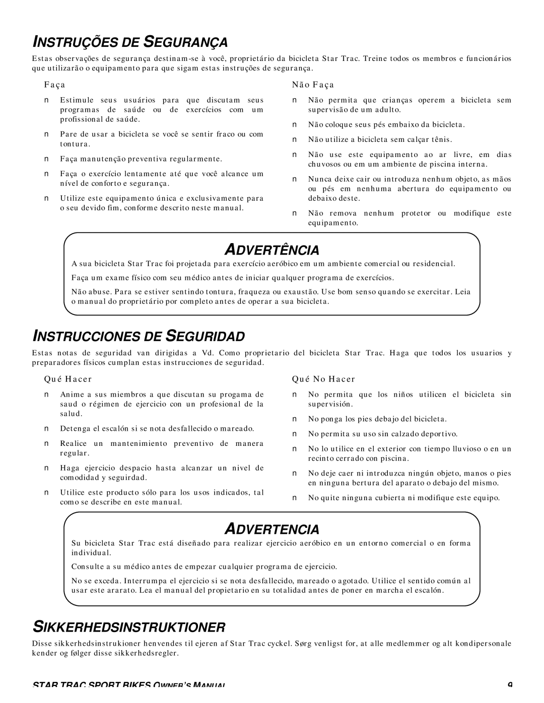 Star Trac S-RB RECUMBENT BIKE manual Instruções DE Segurança, Advertência, Instrucciones DE Seguridad, Advertencia 