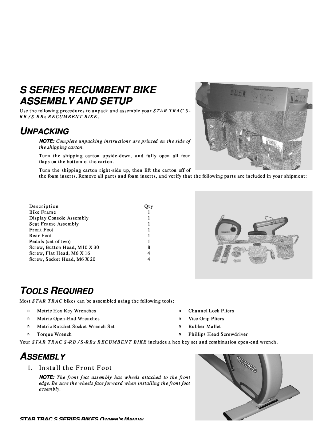 Star Trac S-UB UPRIGHT BIKE S Series Recumbent Bike Assembly And Setup, RB / S-RBx RECUMBENT BIKE, Unpacking, Description 