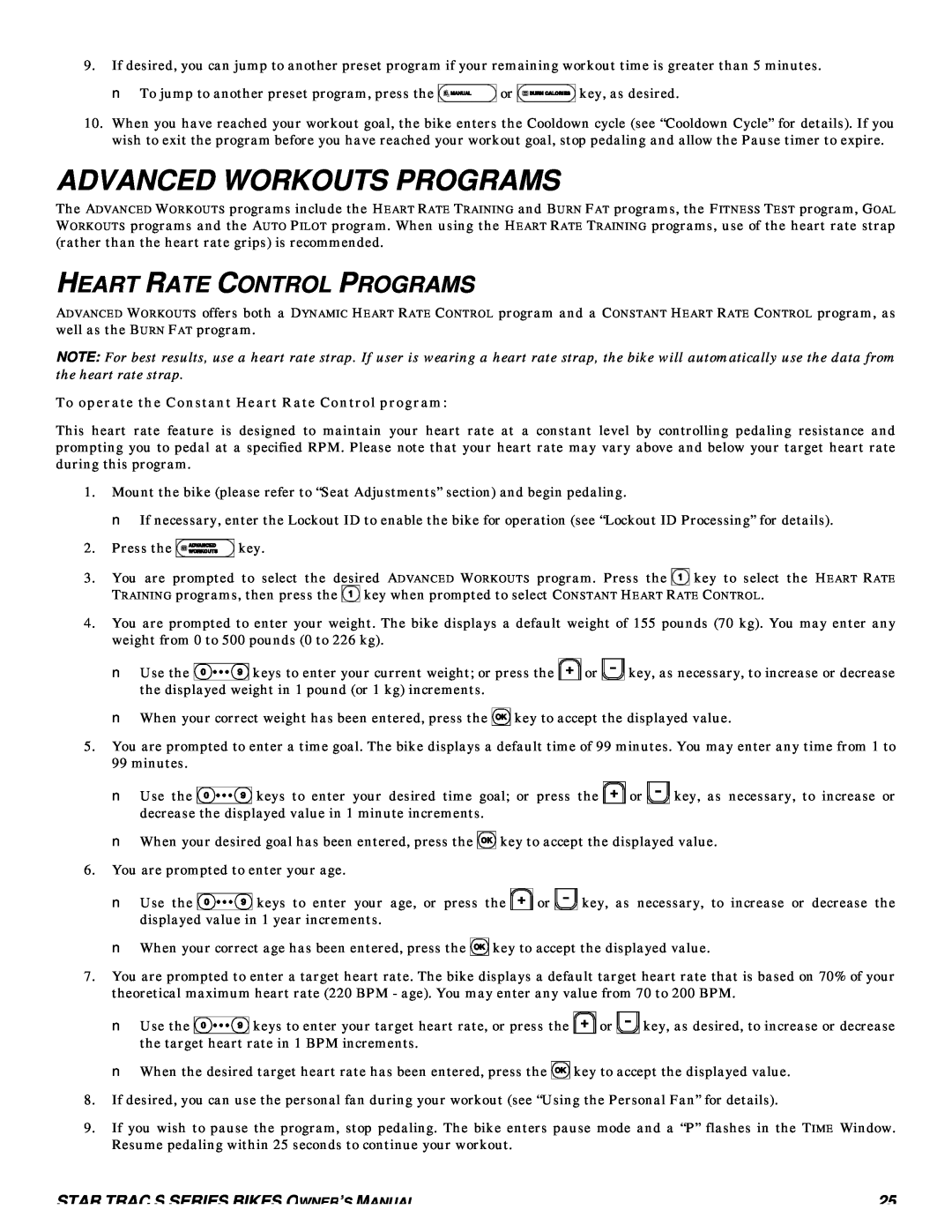 Star Trac S-RB RECUMBENT BIKE, S-UBX UPRIGHT BIKE manual Advanced Workouts Programs, Heart Rate Control Programs 