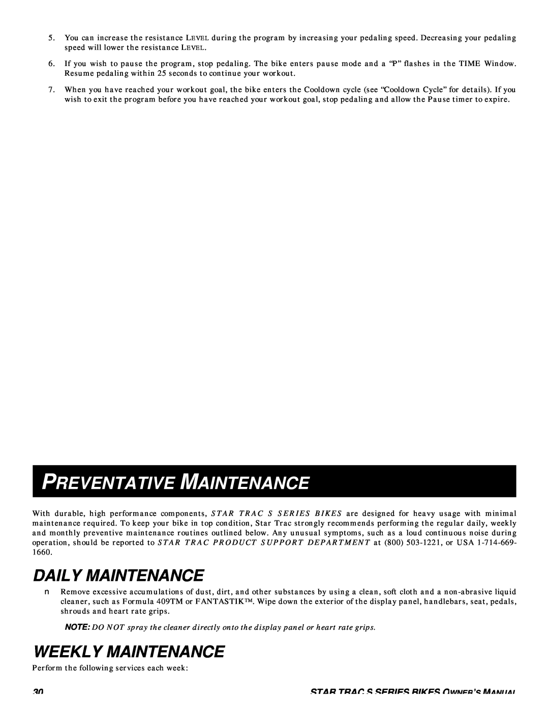 Star Trac S-RBX RECUMBENT BIKE, S-UBX UPRIGHT BIKE manual Preventative Maintenance, Daily Maintenance, Weekly Maintenance 