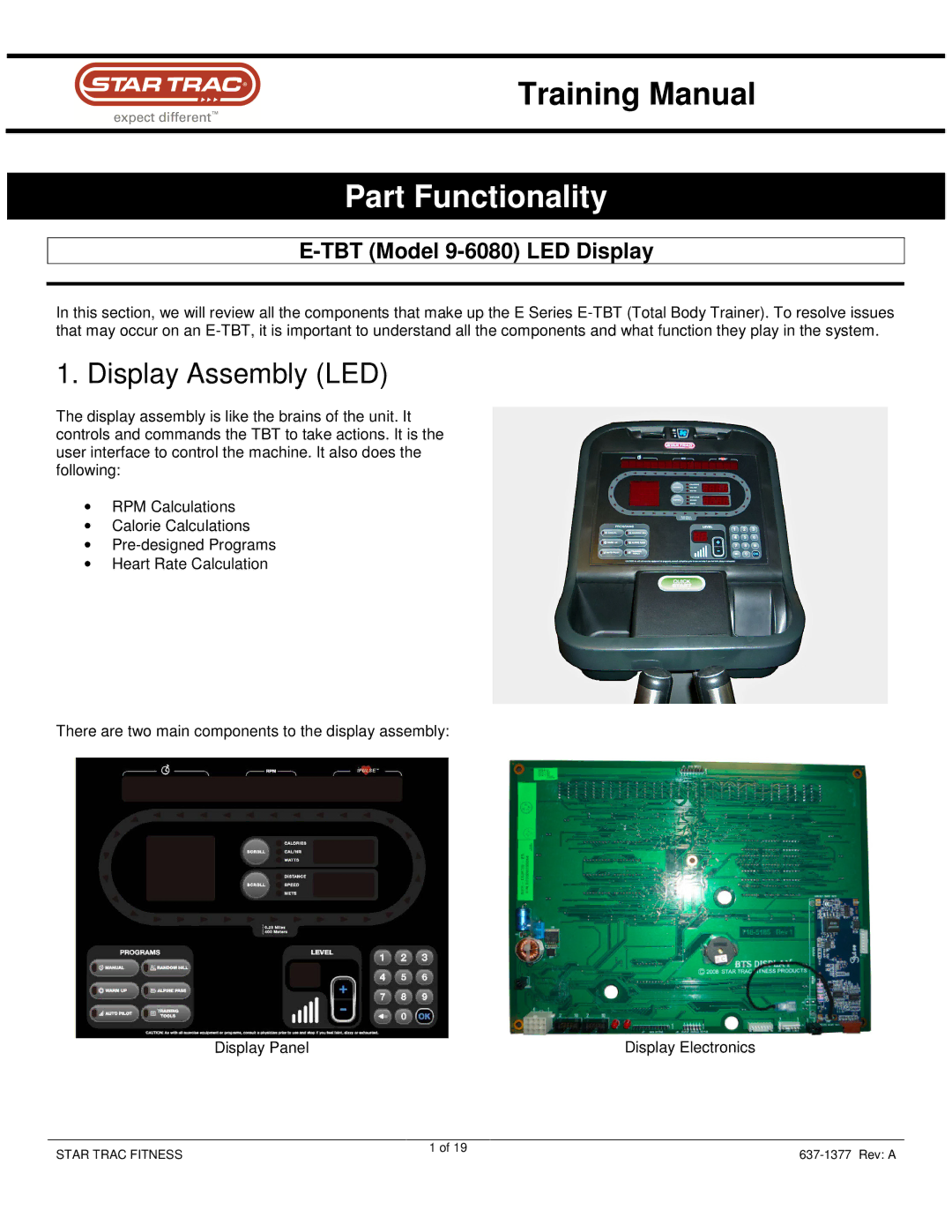 Star Trac Sep-80 manual Part Functionality 