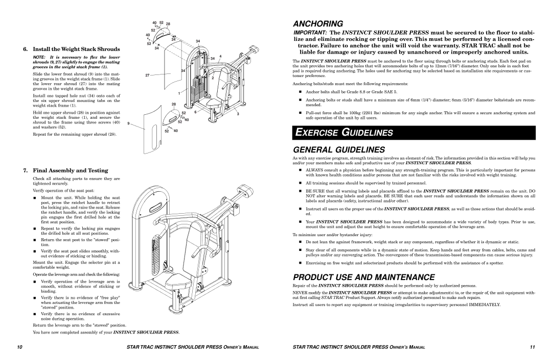 Star Trac Shoulder Press manual Anchoring, Exercise Guidelines, General Guidelines, Product USE and Maintenance 