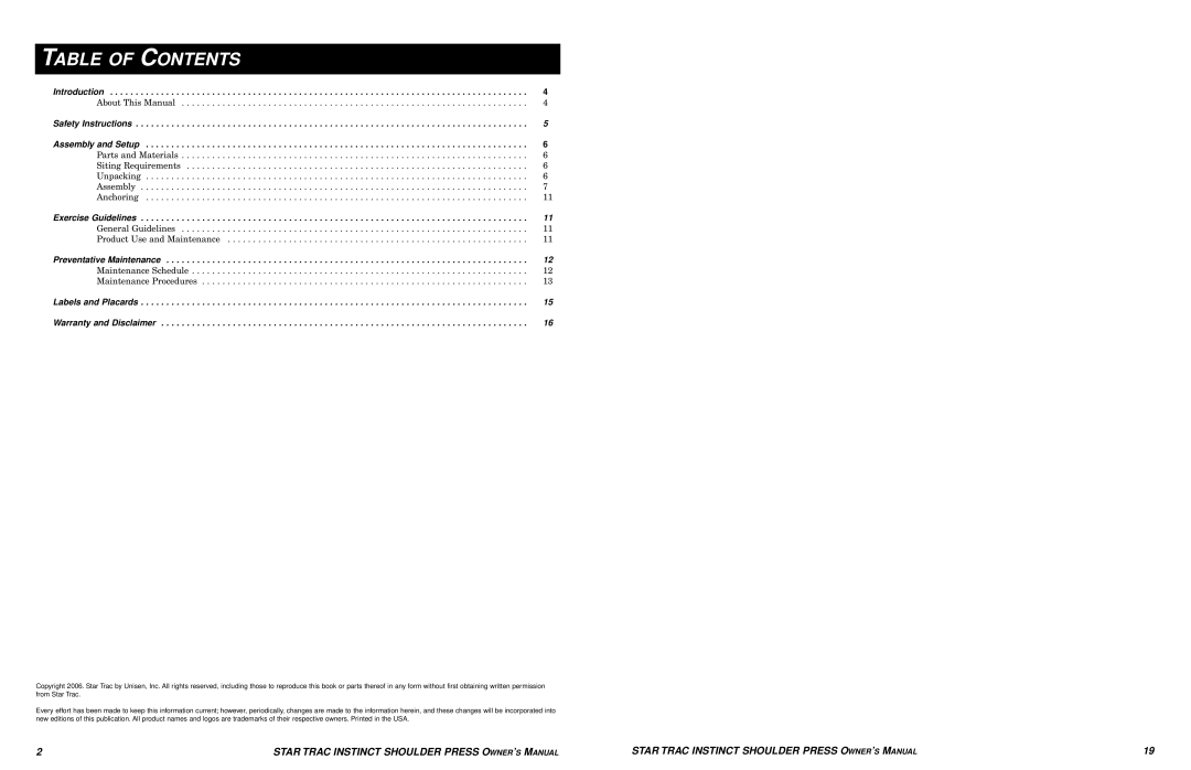 Star Trac Shoulder Press manual Table of Contents 