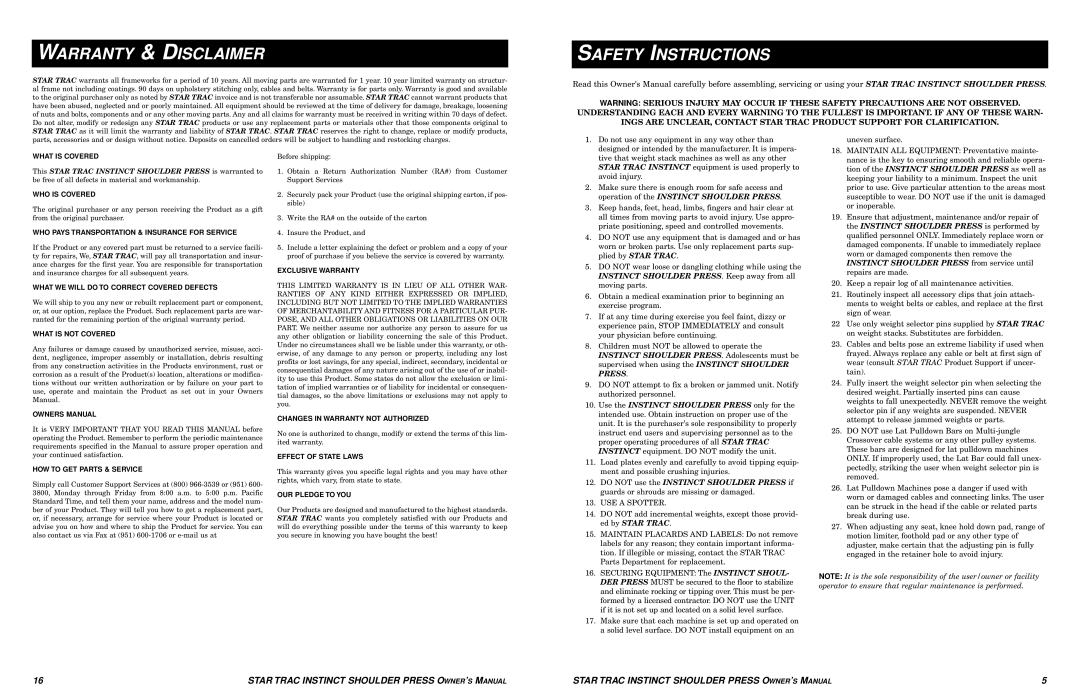 Star Trac Shoulder Press manual Warranty & Disclaimer, Safety Instructions 