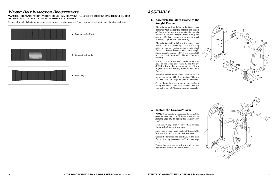 Star Trac Shoulder Press manual Assembly, Weight Belt Inspection Requirements, Assemble the Main Frame to the Weight Frame 