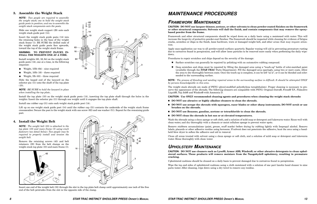 Star Trac Shoulder Press Maintenance Procedures, Framework Maintenance, Upholstery Maintenance, Assemble the Weight Stack 