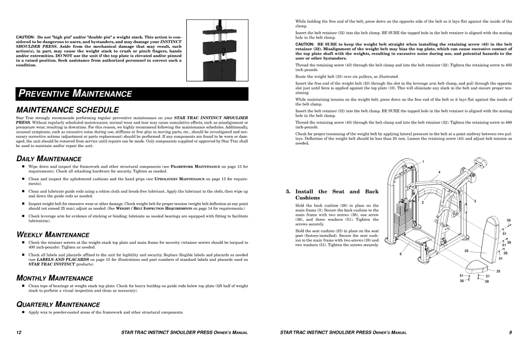 Star Trac Shoulder Press manual Preventive Maintenance, Maintenance Schedule 