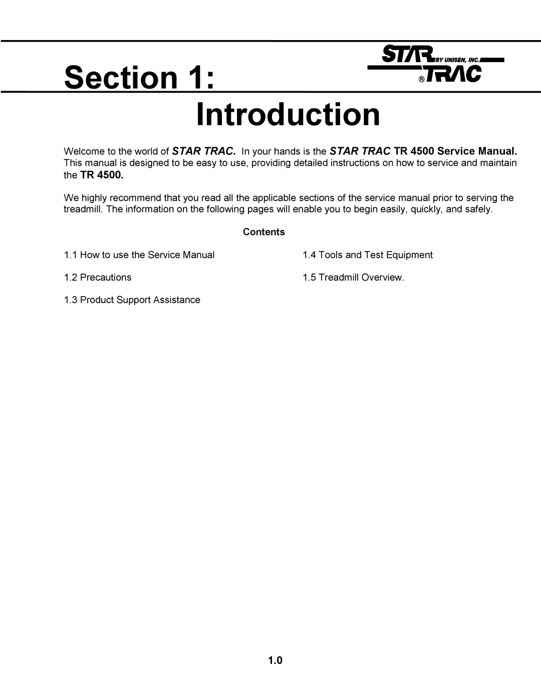 Star Trac TR 4500 manual Section Introduction 