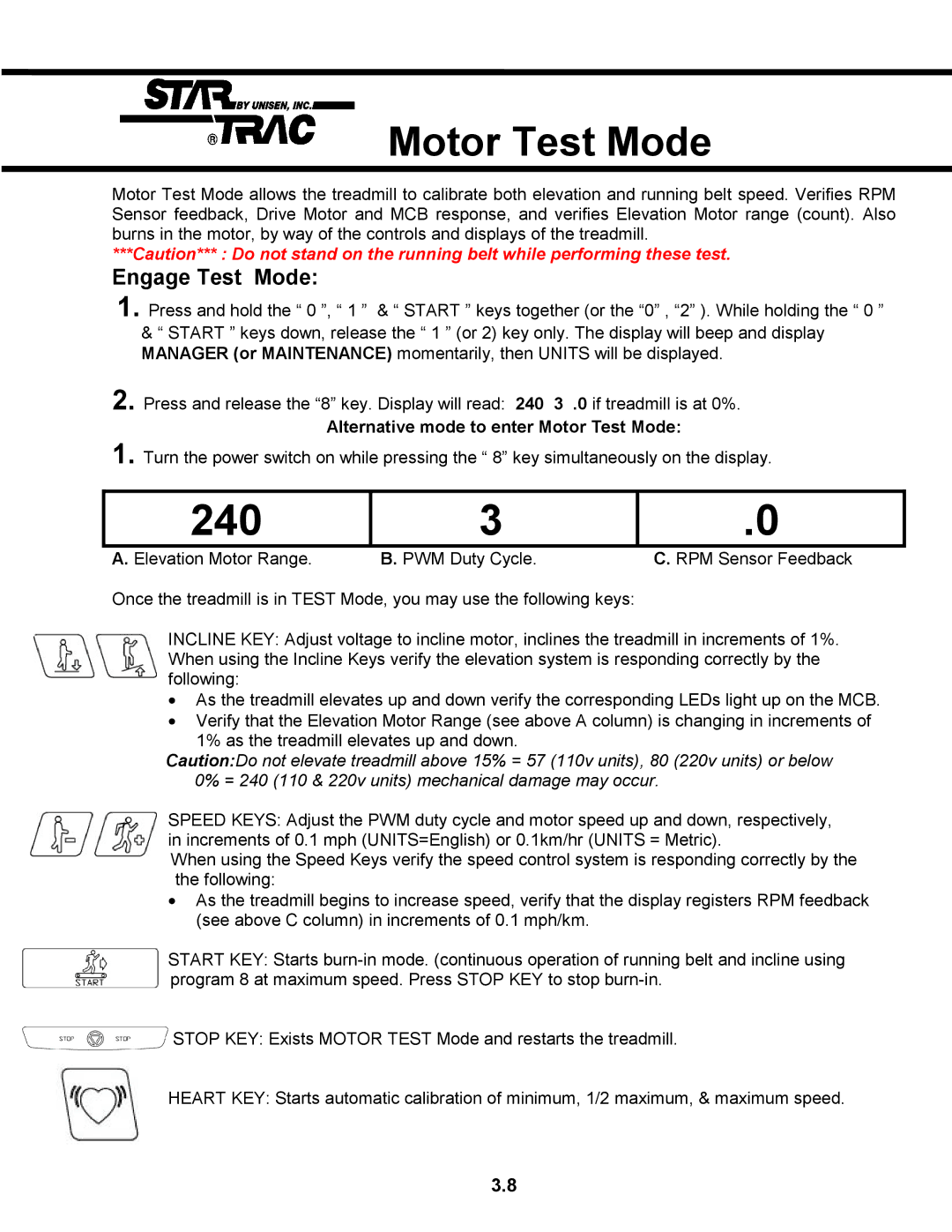 Star Trac TR 4500 manual Motor Test Mode, Engage Test Mode 