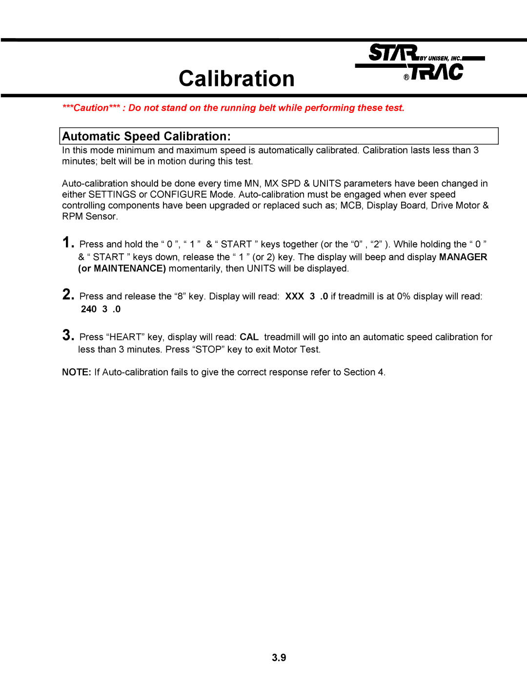 Star Trac TR 4500 manual Automatic Speed Calibration 