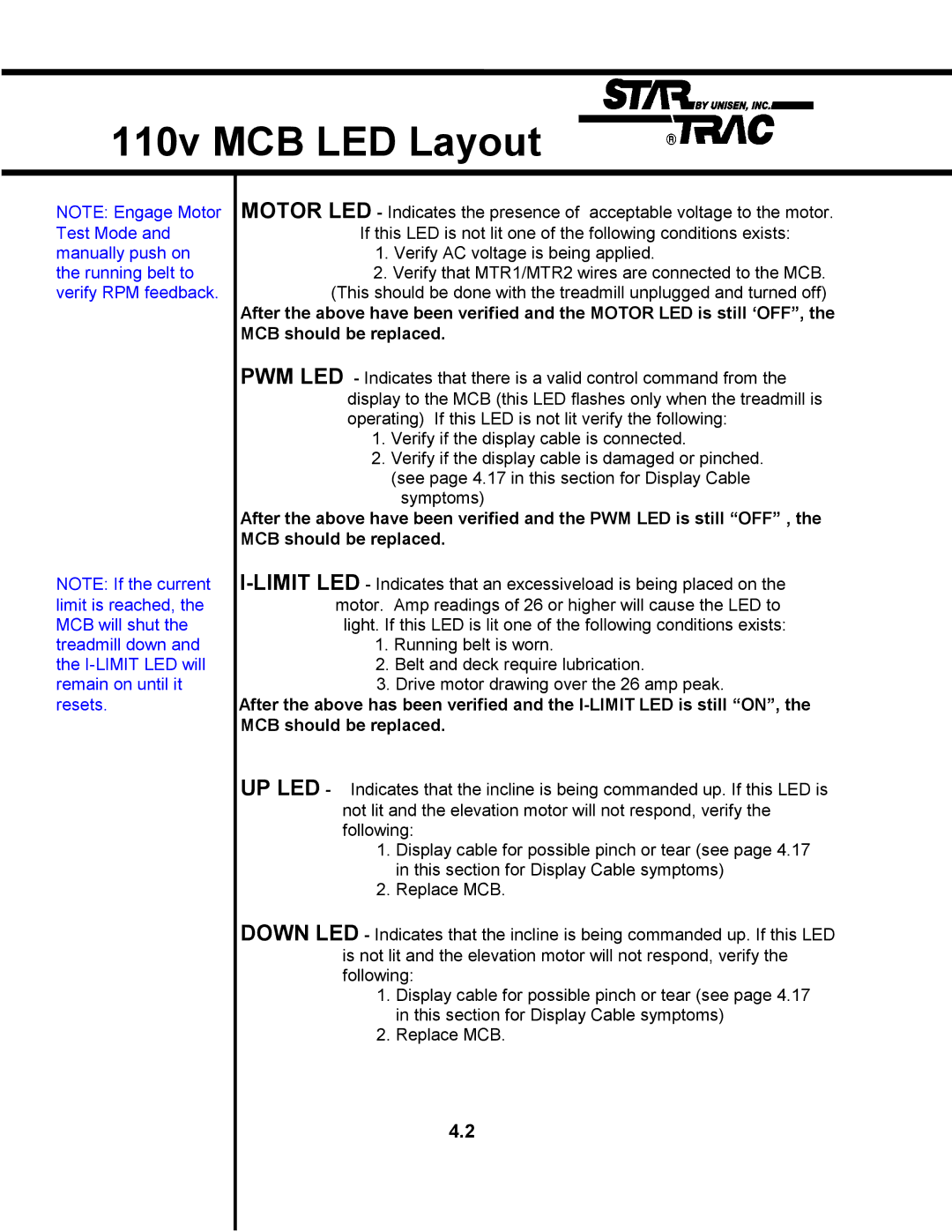 Star Trac TR 4500 manual 110v MCB LED Layout 