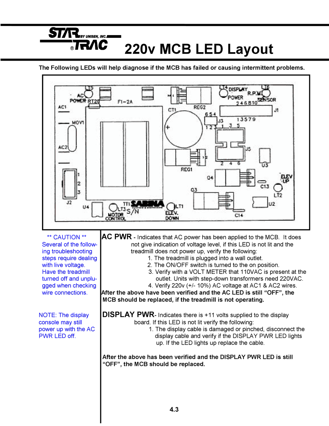 Star Trac TR 4500 manual 220v MCB LED Layout 