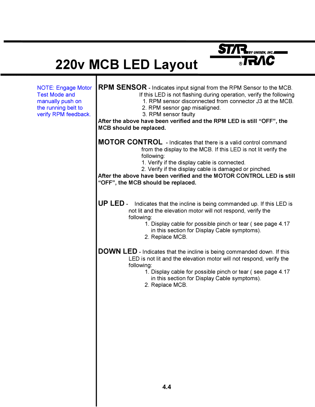 Star Trac TR 4500 manual 220v MCB LED Layout 