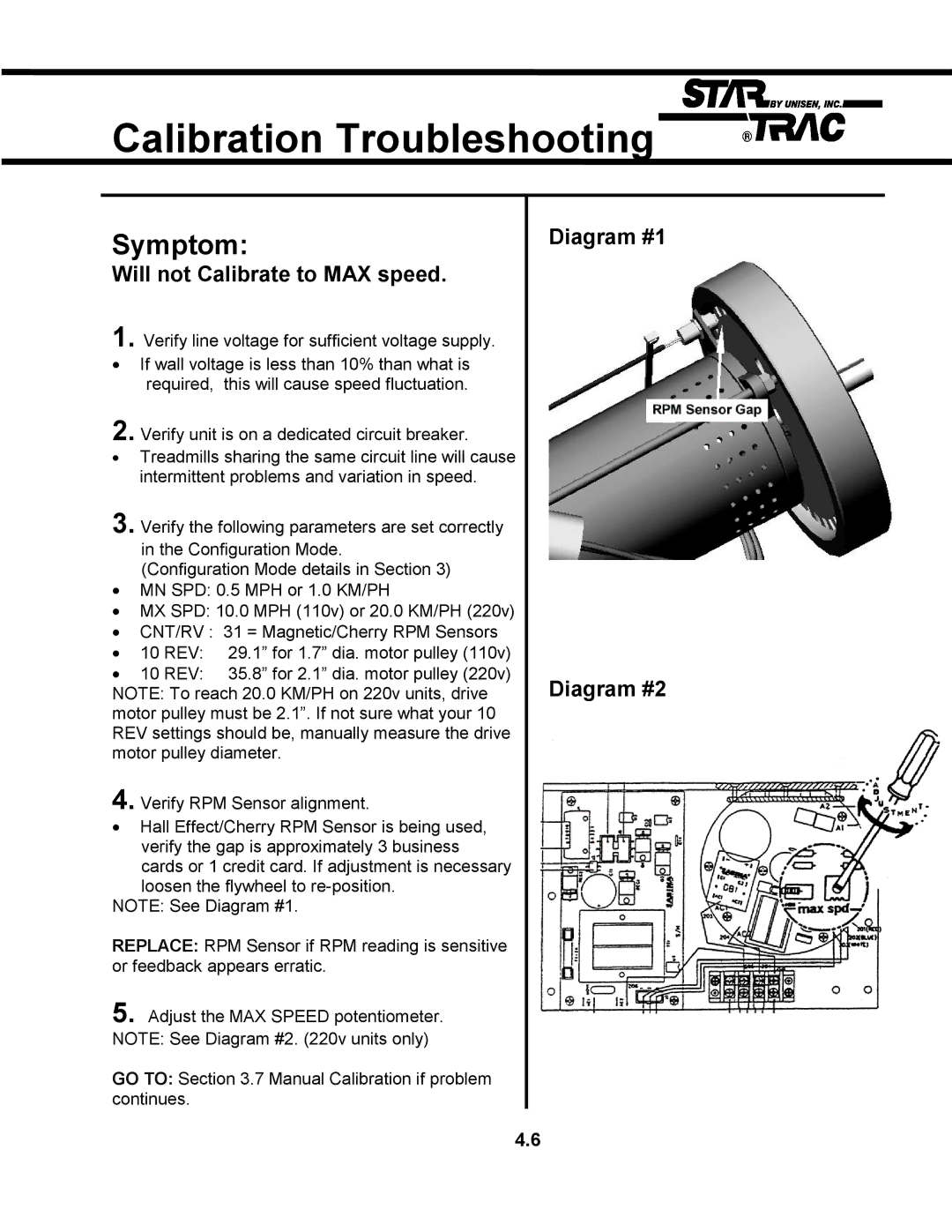 Star Trac TR 4500 manual Will not Calibrate to MAX speed, Diagram #1 Diagram #2 