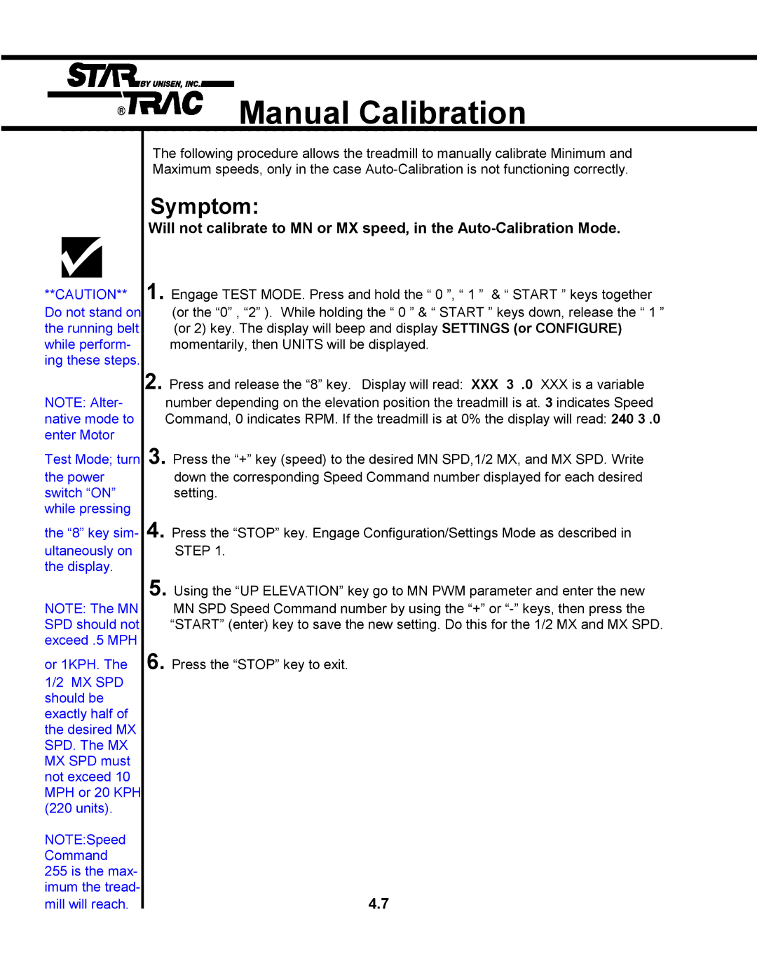 Star Trac TR 4500 manual Manual Calibration 