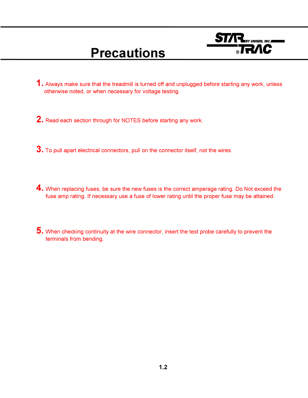 Star Trac TR 4500 manual Precautions 