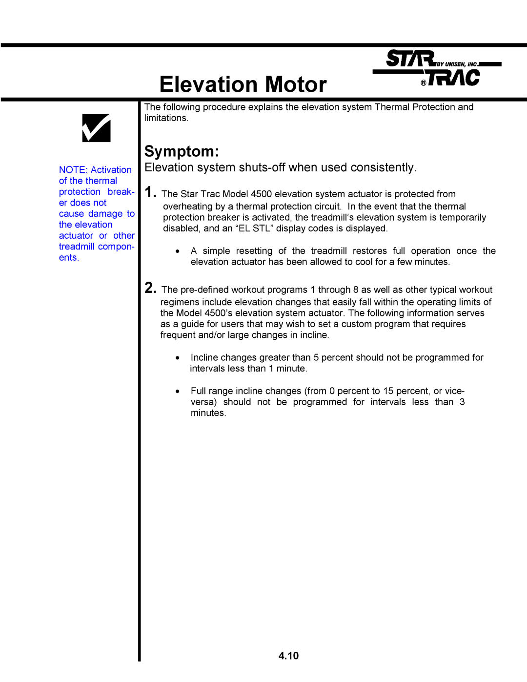 Star Trac TR 4500 manual Elevation Motor, Elevation system shuts-off when used consistently 