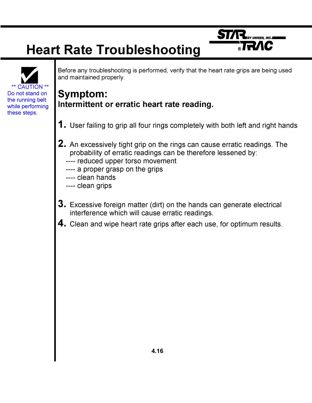 Star Trac TR 4500 manual Heart Rate Troubleshooting, Symptom 