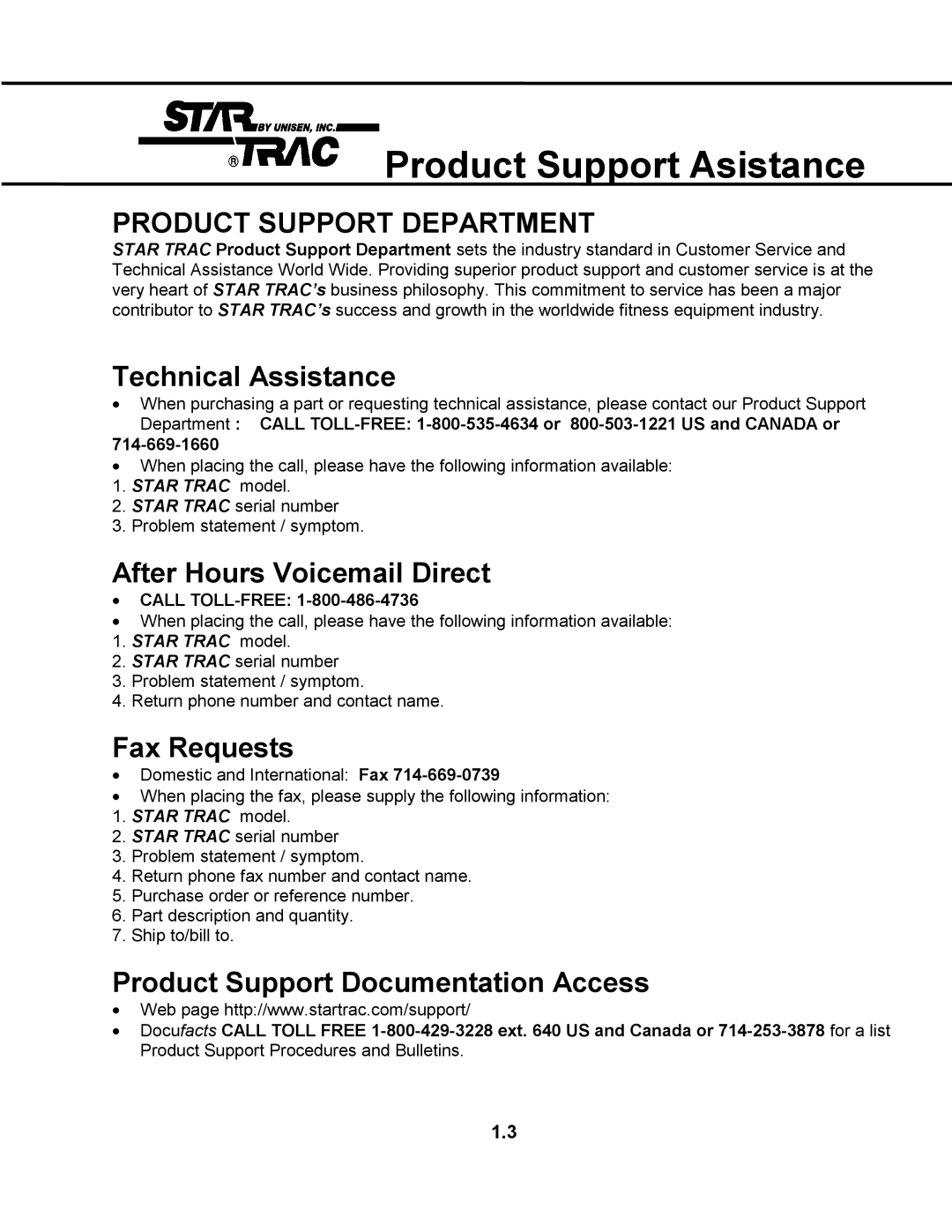 Star Trac TR 4500 manual Product Support Asistance, Product Support Department 