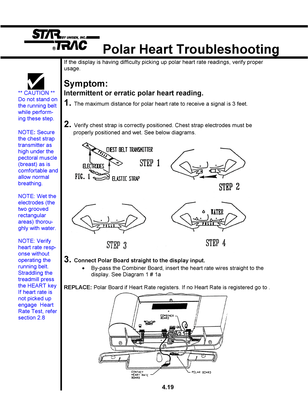 Star Trac TR 4500 manual Polar Heart Troubleshooting, Intermittent or erratic polar heart reading 