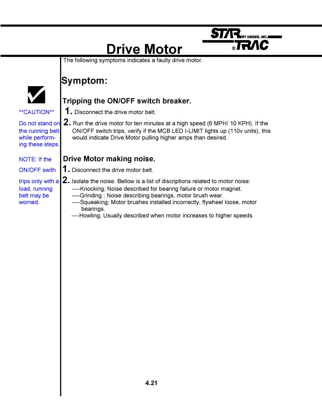 Star Trac TR 4500 manual Tripping the ON/OFF switch breaker, Drive Motor making noise 
