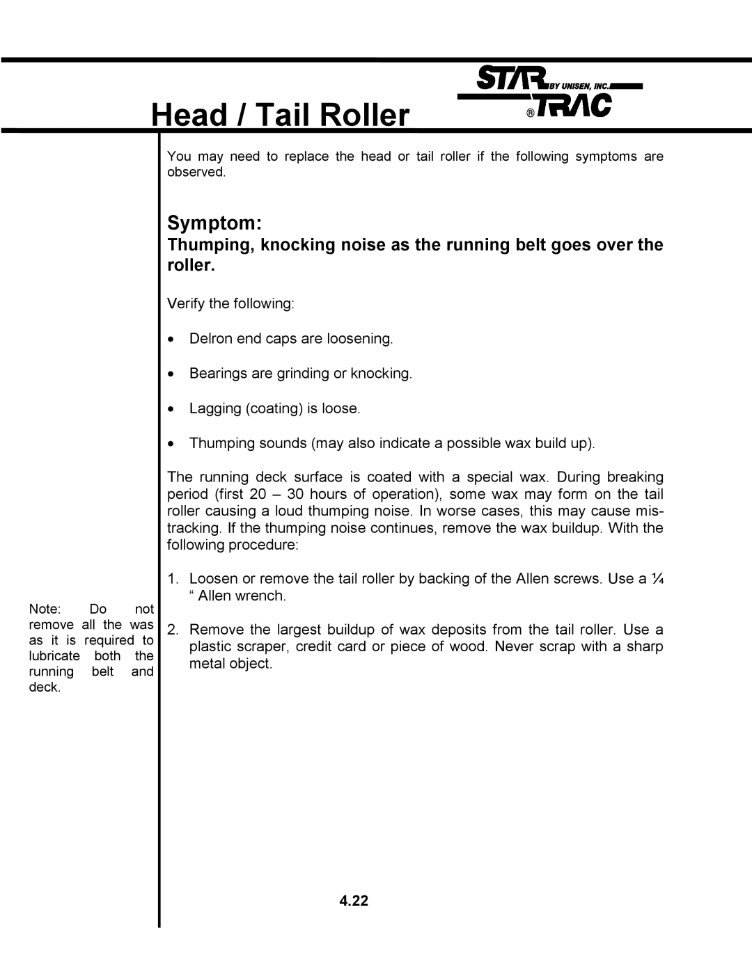 Star Trac TR 4500 manual Head / Tail Roller, Symptom 