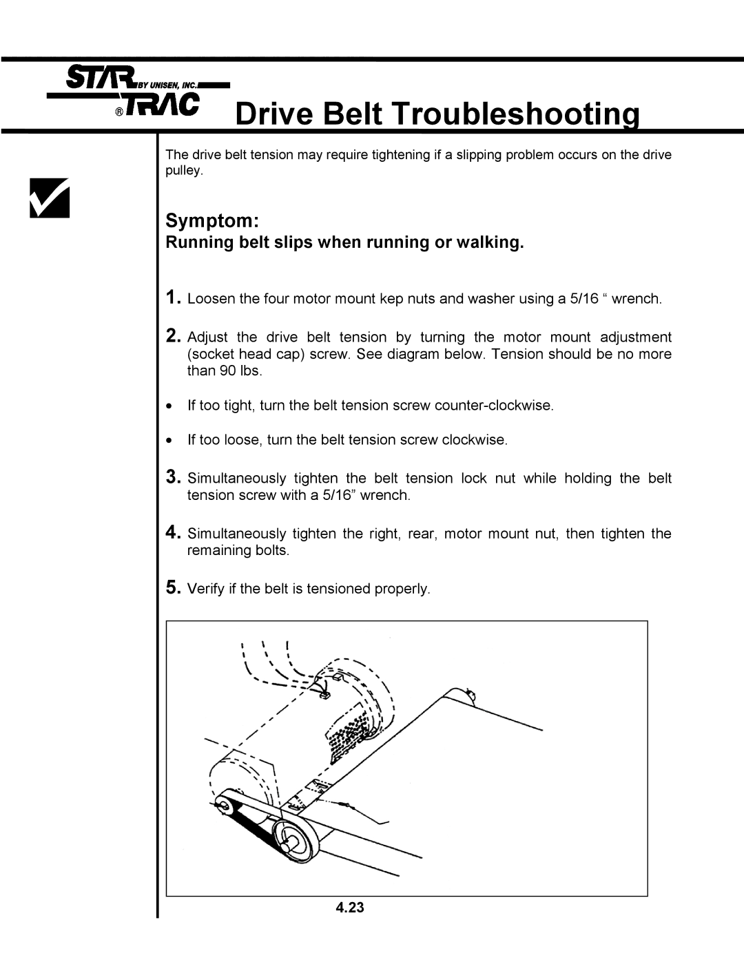 Star Trac TR 4500 manual Drive Belt Troubleshooting, Running belt slips when running or walking 