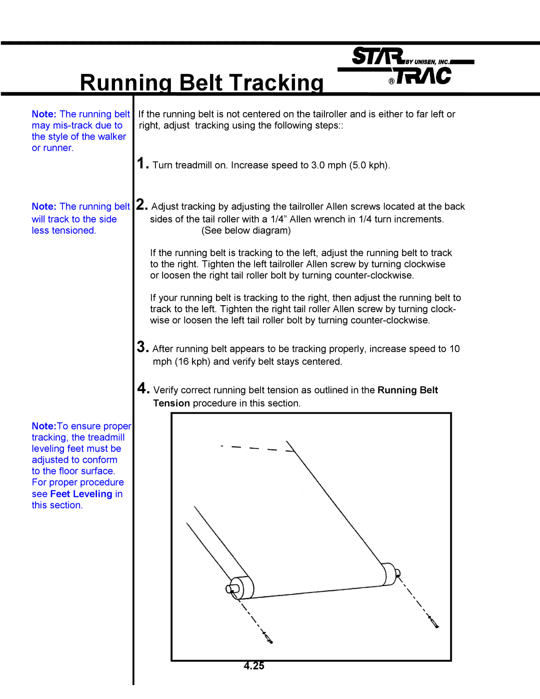 Star Trac TR 4500 manual Running Belt Tracking, Will track to the side less tensioned 