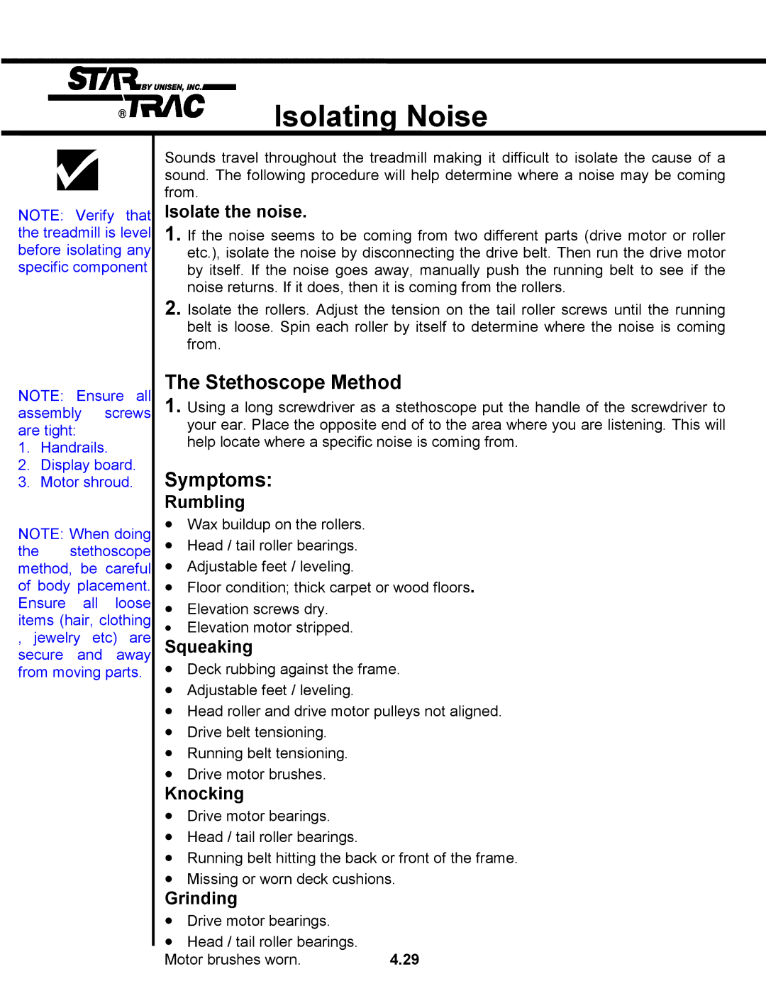 Star Trac TR 4500 manual Isolating Noise 
