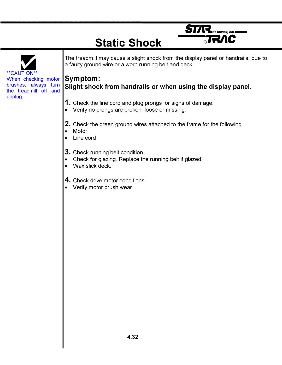 Star Trac TR 4500 manual Static Shock, Slight shock from handrails or when using the display panel 