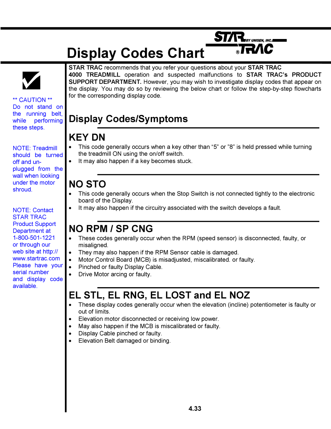 Star Trac TR 4500 manual Display Codes Chart, Star Trac Product Support Department at 