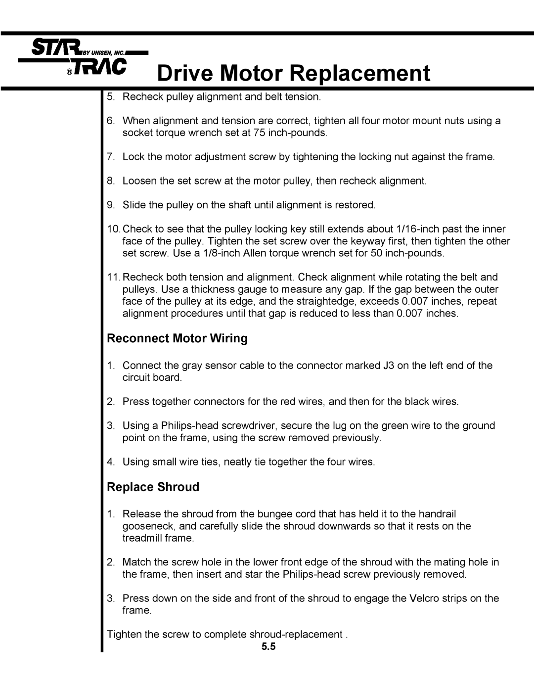 Star Trac TR 4500 manual Reconnect Motor Wiring, Replace Shroud 