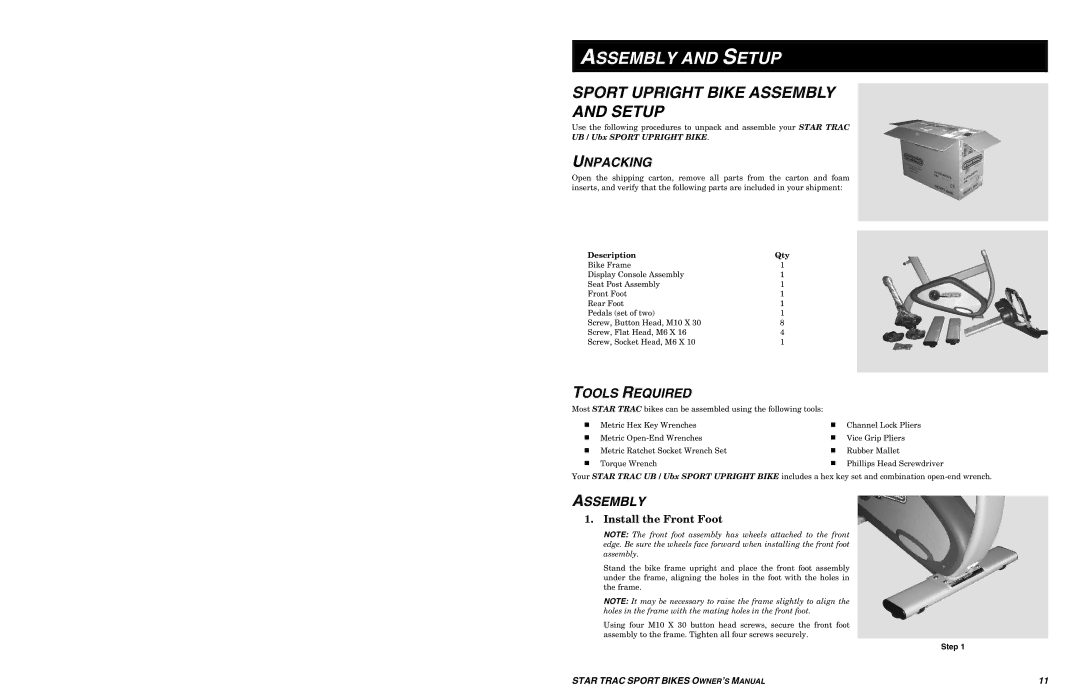 Star Trac UB Sport Upright Bike manual Assembly and Setup, Sport Upright Bike Assembly Setup, Unpacking, Tools Required 