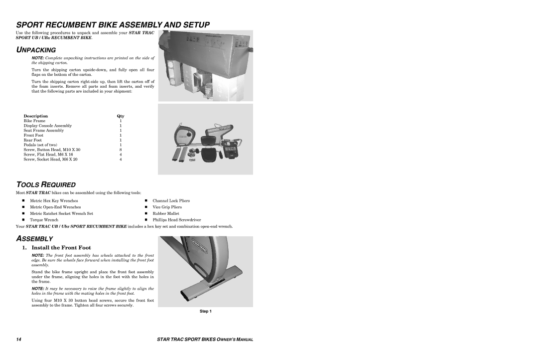 Star Trac UB Sport Upright Bike manual Sport Recumbent Bike Assembly and Setup, Unpacking 