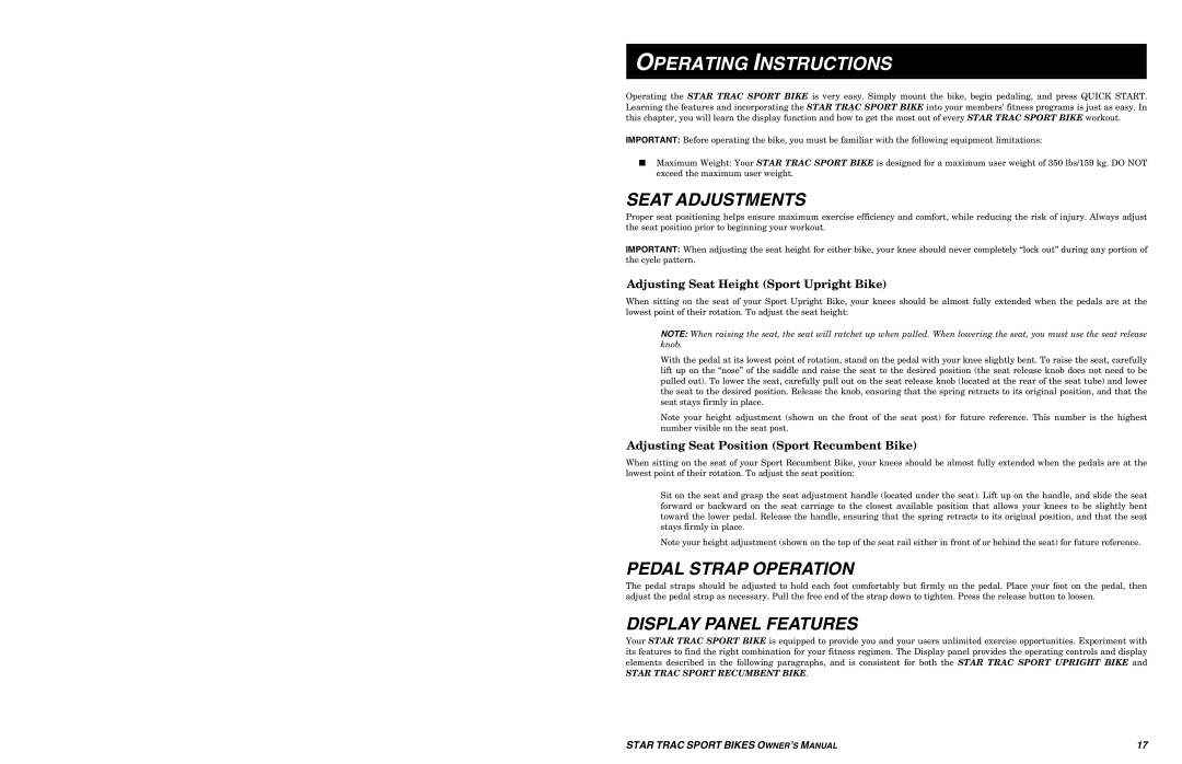 Star Trac UB Sport Upright Bike Operating Instructions, Seat Adjustments, Pedal Strap Operation, Display Panel Features 