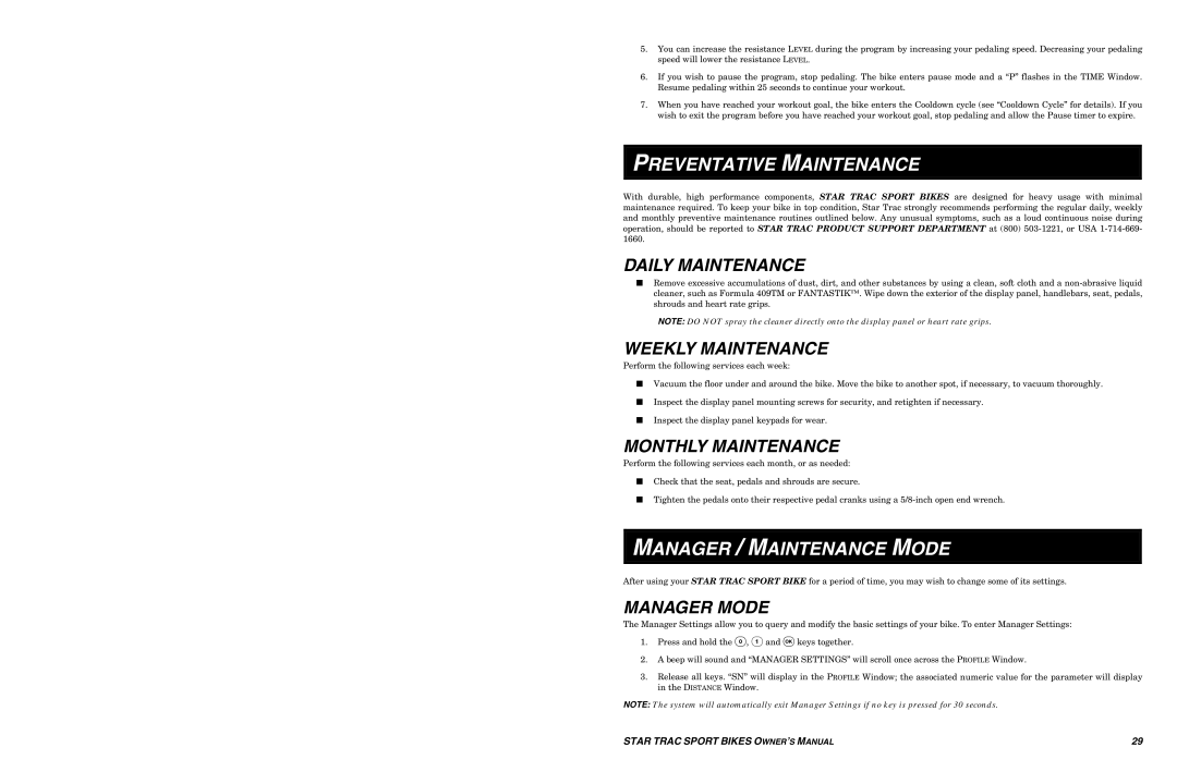 Star Trac UB Sport Upright Bike manual Preventative Maintenance, Manager / Maintenance Mode 