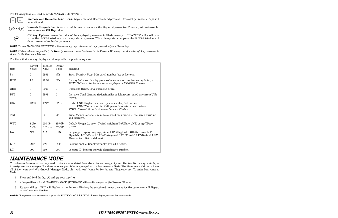 Star Trac UB Sport Upright Bike manual Maintenance Mode, Une Unm 