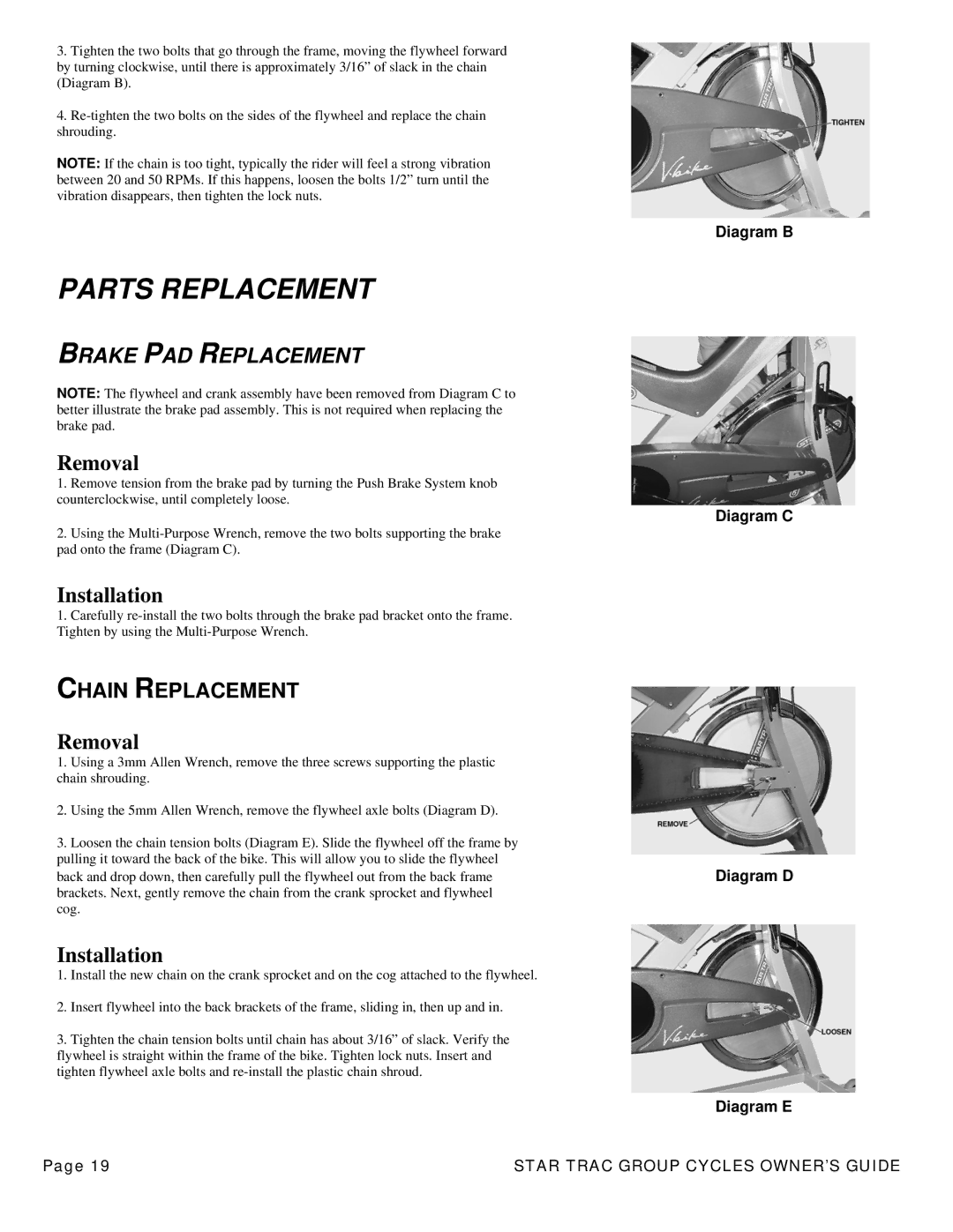 Star Trac V-bike Spinner Spinner Pro Spinner Elite Spinner NXT manual Parts Replacement, Removal, Installation 