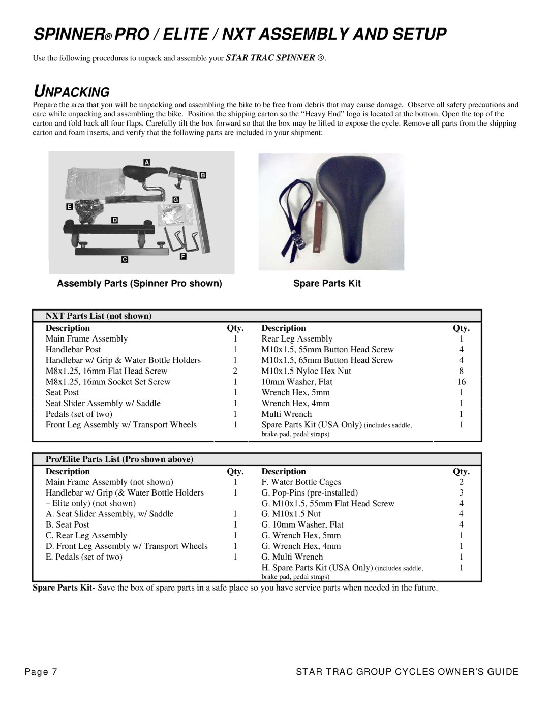 Star Trac V-bike Spinner Spinner Pro Spinner Elite Spinner NXT manual Spinner PRO / Elite / NXT Assembly and Setup 