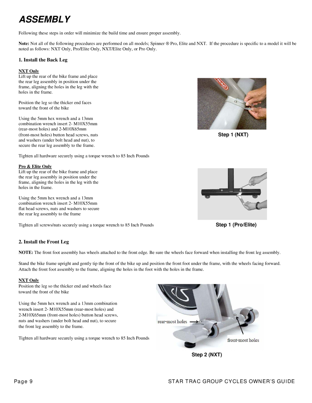 Star Trac V-bike Spinner Spinner Pro Spinner Elite Spinner NXT manual Nxt, Pro/Elite, Install the Front Leg, NXT Only 