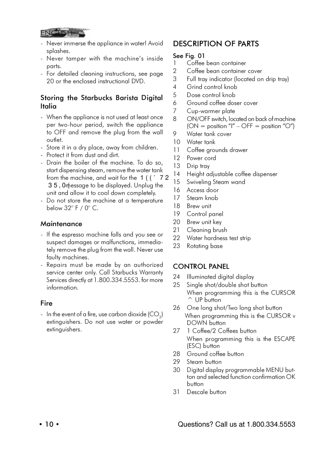 Starbucks Barista SUP021 YDR manual Description of Parts, Storing the Starbucks Barista Digital Italia, Maintenance, Fire 