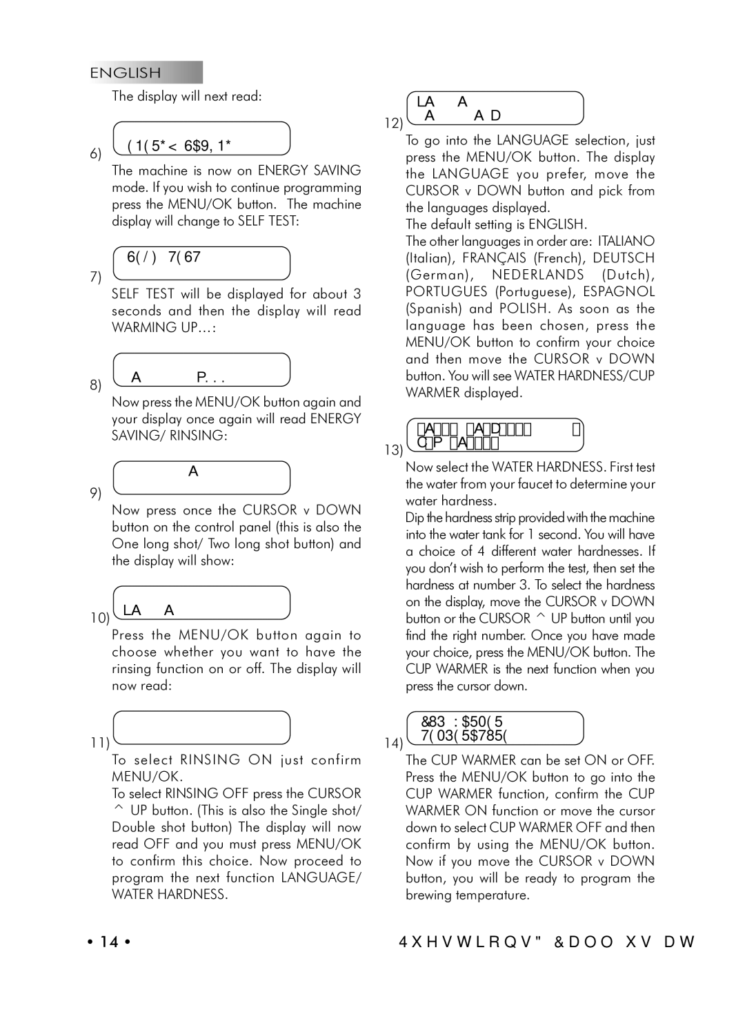 Starbucks Barista SUP021 YDR manual Rinsing Language, 11 on, Language Water Hardness, CUP Warmer Temperature 