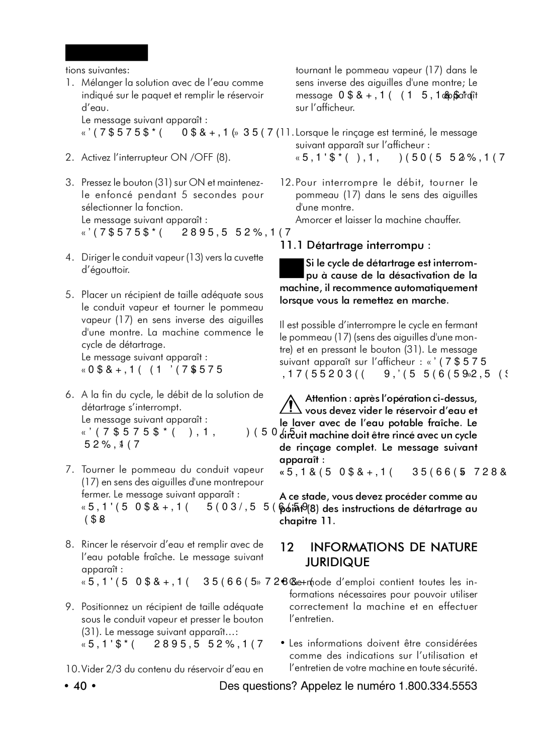 Starbucks Barista SUP021 YDR manual Informations DE Nature Juridique, 11.1 Détartrage interrompu 