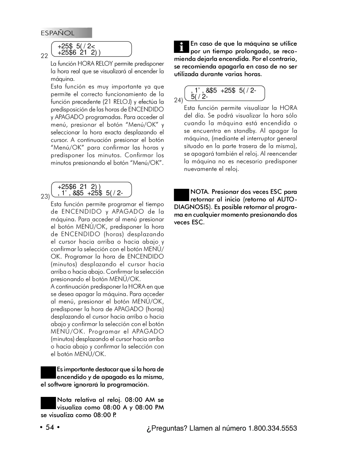 Starbucks Barista SUP021 YDR manual Hora Reloy Horas ON/OFF, Horas ON/OFF Indicar Hora Reloj, Veces ESC 