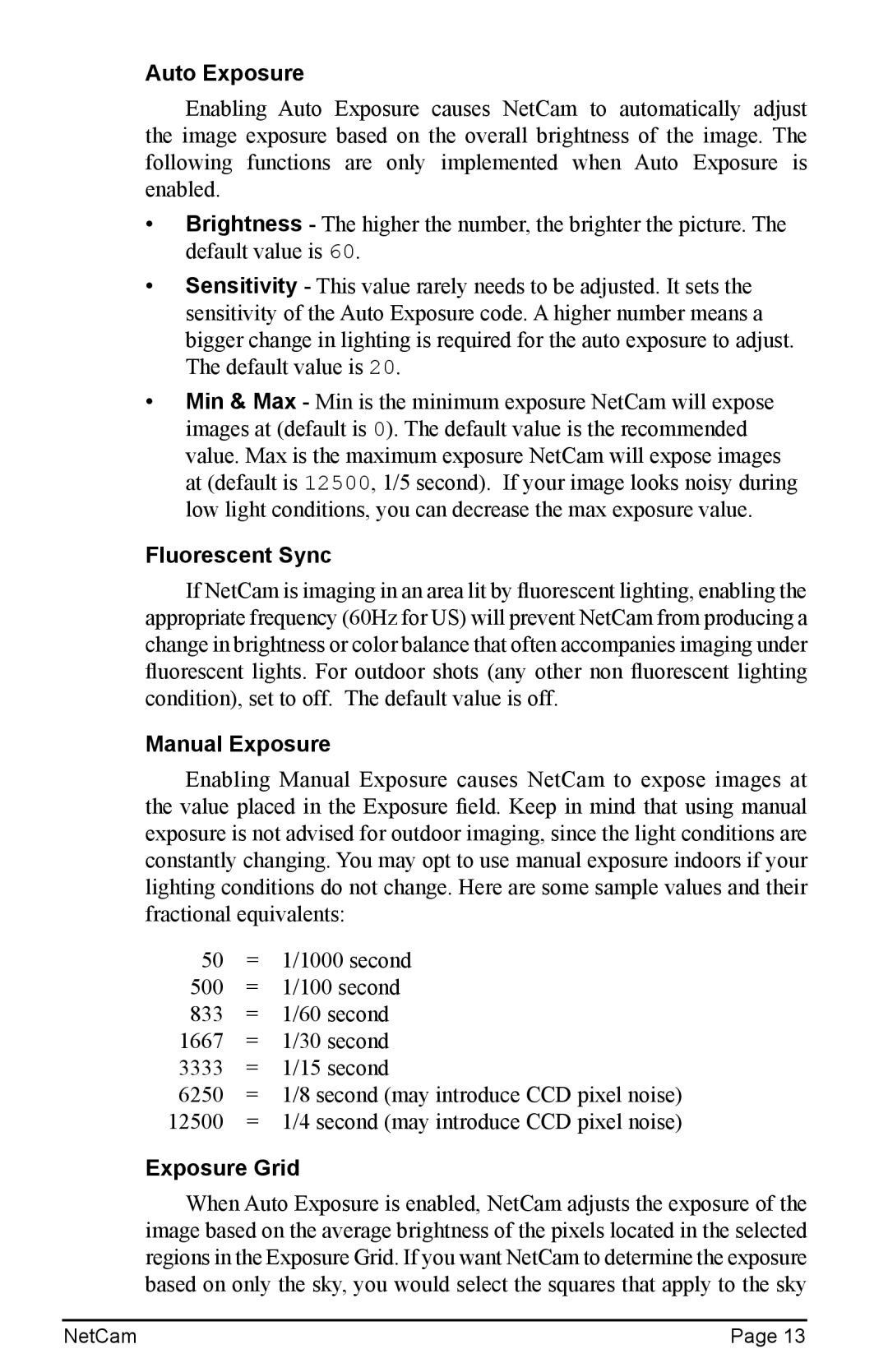 StarDot Technologies net camera manual Auto Exposure, Fluorescent Sync, Manual Exposure, Exposure Grid 