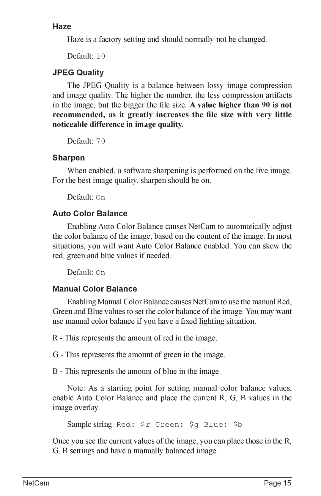 StarDot Technologies net camera manual Haze, Jpeg Quality, Sharpen, Auto Color Balance, Manual Color Balance 